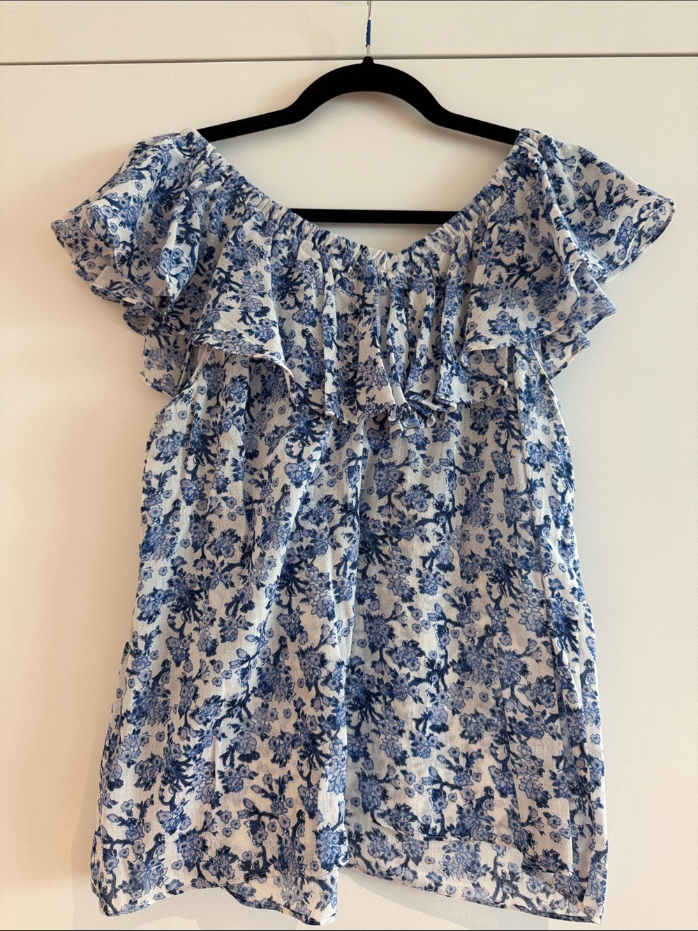 Rebecca Taylor Blue and White Floral Ruffle Off-Shoulder Blouse - Size 10 - Picture 3 of 5